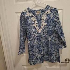 Chico's Blue White Linen Cotton Embroidered Tunic Top Split Neck Size 1 Medium